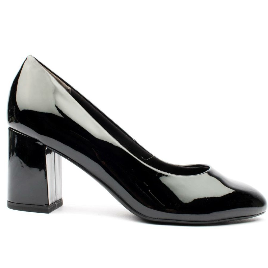 Women Tamaris | 22407 Block Heel Court Shoe - Black Patent