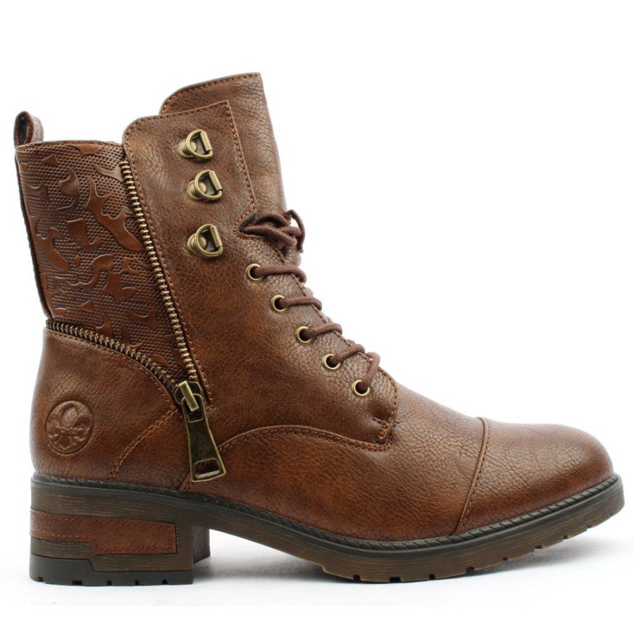 Women Rieker | 91614 Laced Low Heel Boot - Tan